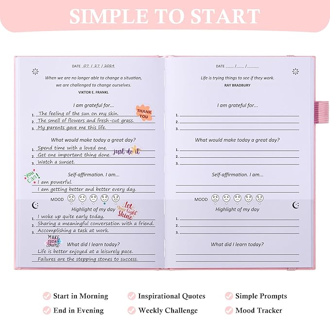 Gratitude Journal with 4 Inspirational Stickers: Undated Daily Gratitude Journal for Women and Men - More Happiness, Affirmation, and Mindfulness in A Few Minutes with Prompts & Quotes (Pink)