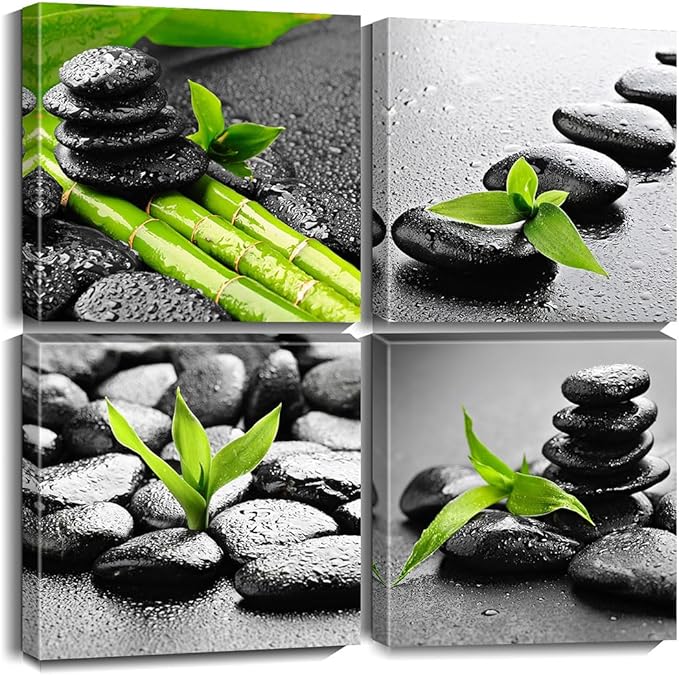 Biufo Zen Stones Canvas Wall Art Pictures Relaxed Print Artwork for Bathroom Yoga Spa Room Decor (Black, 12"x12"-4Pcs)