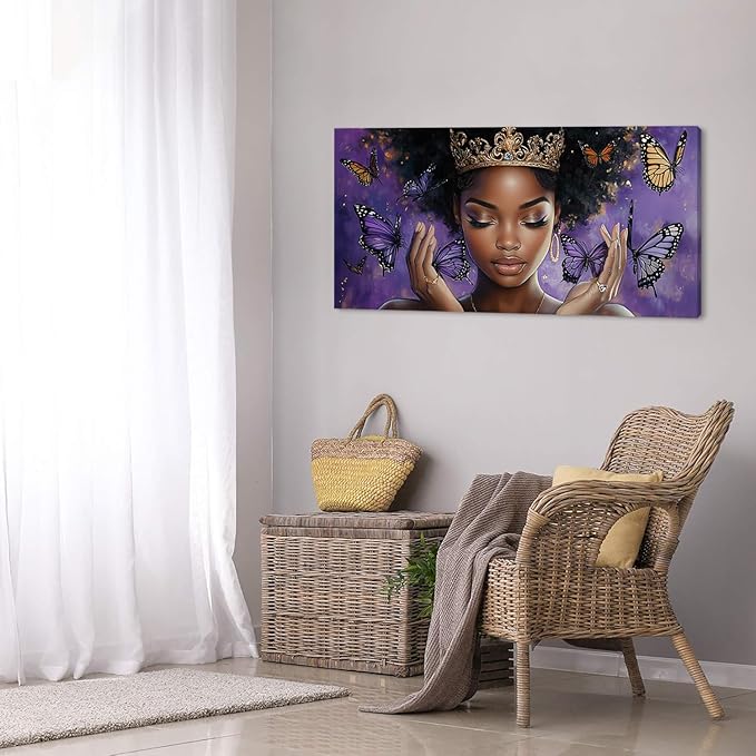 ZESTRILIA African American Wall Art for Girls Room Purple Black Butterfly Canvas Painting Prints Artwork Living Bedroom Office Decor Large (46x23 Inches)