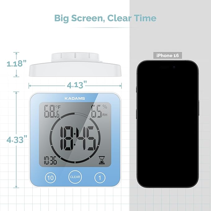 KADAMS Shower Clock Waterproof Bathroom Timer – Digital Wall Clock with Countdown, Magnetic Kitchen Clock with Temperature & Humidity, Suction Cup for Kids Shower Spa Sauna Cook Bath, Blue