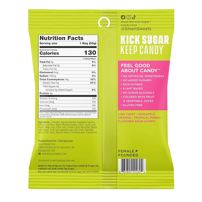 SmartSweets Tropical Sours Gummy Candy: 1.8oz (Pack of 14), Gummy Candy with Low Sugar, Low Calorie, No Artificial Sweeteners, Plant-Based, Gluten-Free, Healthy Snack for Kids & Adults