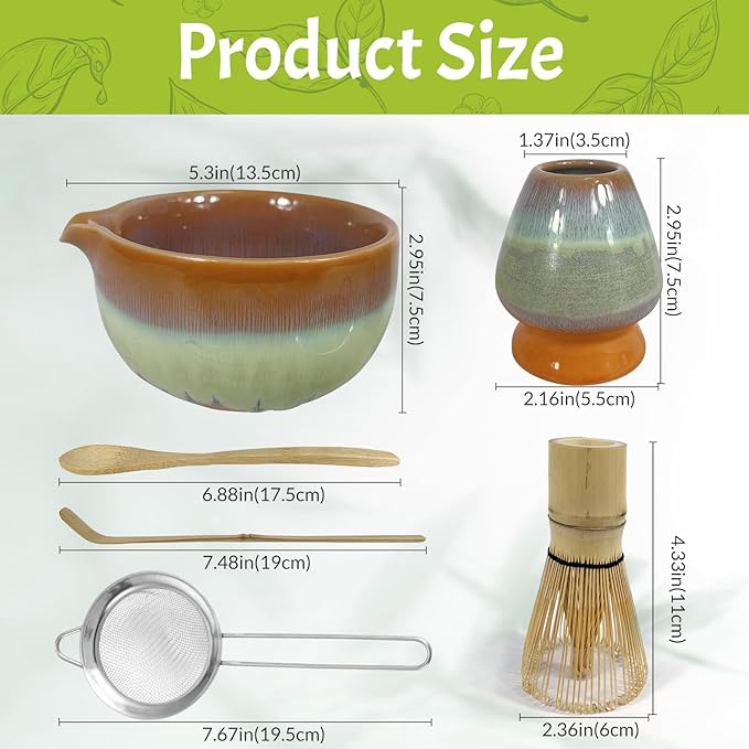 Matcha Whisk Set 6 pc Kit - Traditional Japanese Chasen, Bamboo Whisk Holder, Ceramic Bowl with Spout, Sifter & 2 pc Spoons - matcha kit set, Gift for Matcha Tea Lovers (Gradient Orange)