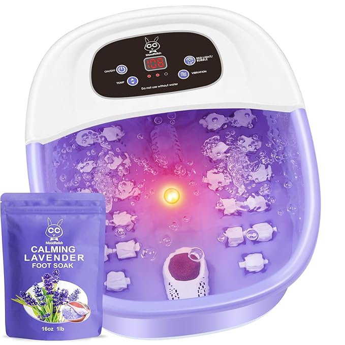 Foot Spa Bath Massager with Heat Bubbles and Vibration Massage and Jets, 16 OZ Calming Lavender Foot Soak Epsom Salt, MoodRelish Foot Soaker With Red Light, 22 Massage Rollers, Adjustable Temp -Purple