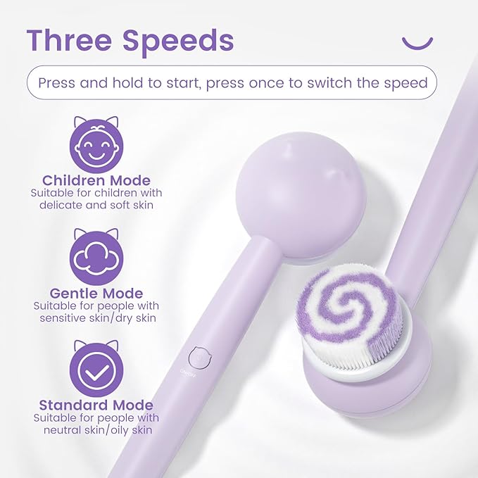 Electric Back Scrubber for Shower Body Brush, Waterproof Shower Body Scrubber for Cleansing, Massaging, Rechargeable Bath Brush for Kids & Adults with 2 Heads & 3 Speed Modes, Taro Purple XY0