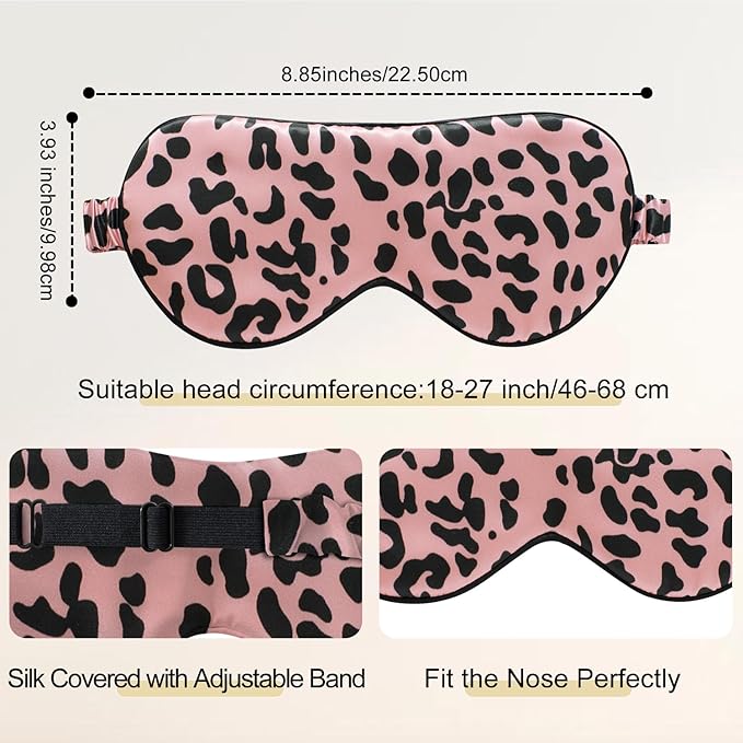 ZIMASILK Adjustable 100% 22 Momme Mulberry Silk Sleep Mask for Sleeping, Filled with Premium Mulberry Silk, Softest & Breathable Eye Sleeping Mask (Leopard - Black Pink)