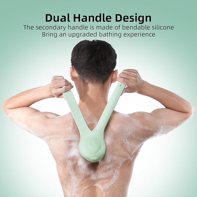 Electric Body Brush Back Scrubber for Shower, Waterproof Long Dual Handle Power Body Scrubber with 3 Heads, Rechargeable Bath Brush & 2 Speeds, for Cleansing, Exfoliating and Massaging Skin