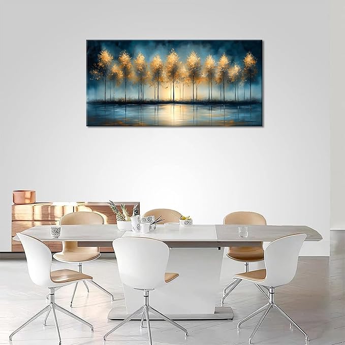 ZESTRILIA Golden Trees Wall Art Impression Canvas Abstract Sunset Oil Painting Reproduction Print Artwork Landscape Picture for Living Room Bedroom Home Office Kitchen Décor (28x58inch)