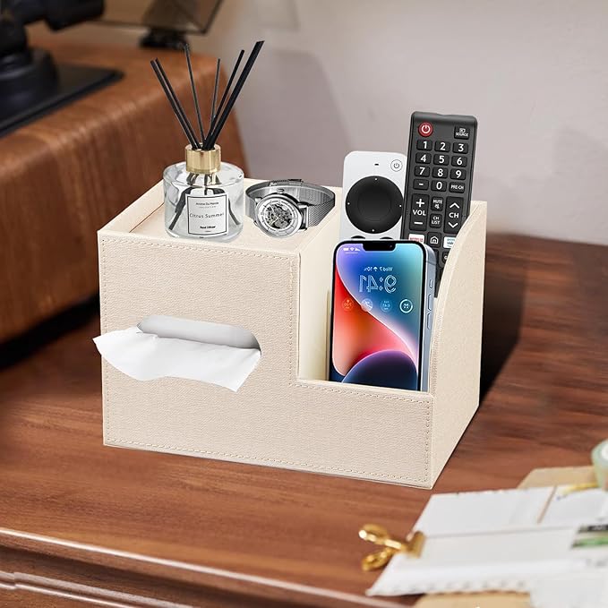Leather Square Tissue Box Cover with Storage Tray,Cube Tissue Box Holder,Modern Facial Paper Organizer with Remote Control Holder for Bathroom,Vanity Countertop,End Table NightStand Home Office.Beige