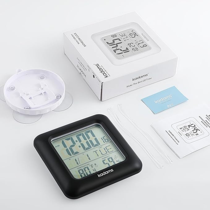 KADAMS Bathroom Clock 9.5" Kitchen Wall Clock with Large LCD Screen – Shower Clock with Suction Cup,Temperature, Humidity, Calendar – Water-Resistant, 4 Mounting Options, Black