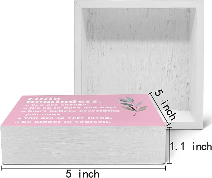 SRADMO Inspirational Little Reminders Wood Box Sign Desk Decor, Inspirational Desk Decor, College Motivational Positive Affirmation Gifts Box Sign For Office Home Dorm Tabletop Decoration(Pink)
