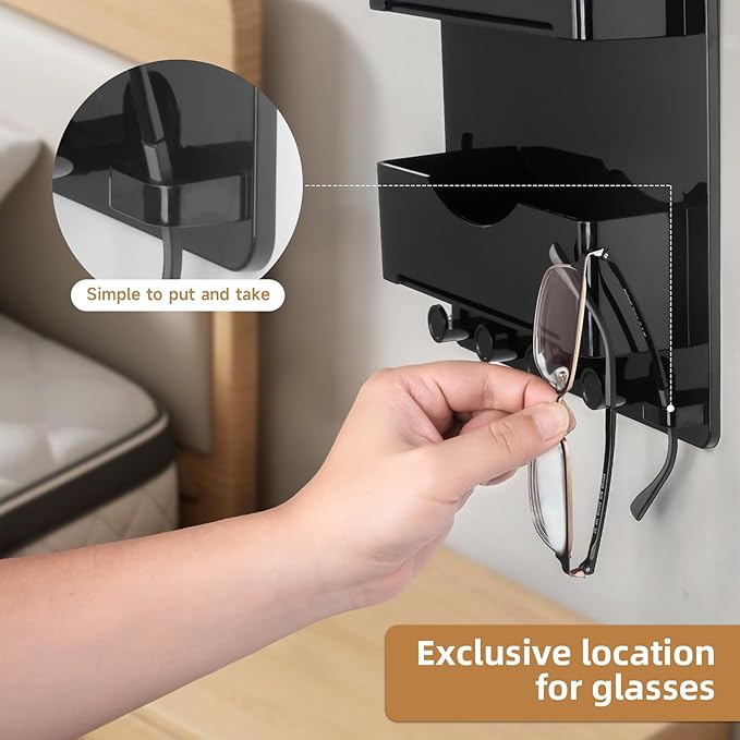JUMEIHUI Bedside Wall Shelf with Glasses Hooks ,Adhesive Bedside Organizer Wall Mount for Dorm and Room Accessories Phone,Remote,Earphone, Kindle (Black)