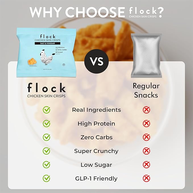 Flock Keto Chicken Skin Chips | Salt and Vinegar Flavor | Low Carb, High Protein, Sugar Free, Gluten Free Fried Chicken Skins for People | (1oz) 8-Pack Crispy Flock Chips