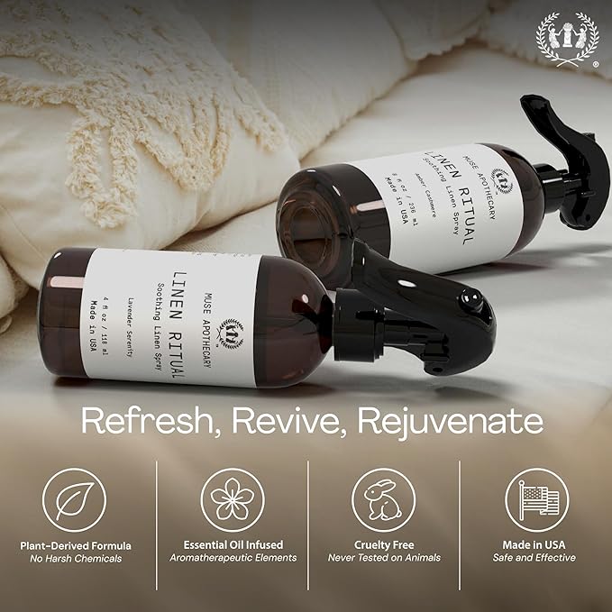 Muse Apothecary Linen Ritual - Aromatic, Soothing, and Relaxing Linen Mist, Laundry and Fabric Spray - Infused with Aromatherapy Essential Oils - 8 oz, Amber Cashmere