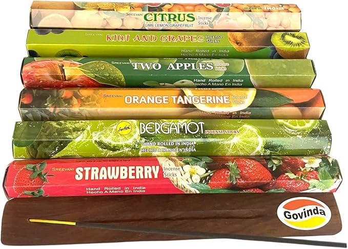Sreevani Incense Sticks Variety Pack #14 and Incense Stick Holder Bundle Gift Set with 6 Fruity Fragrances