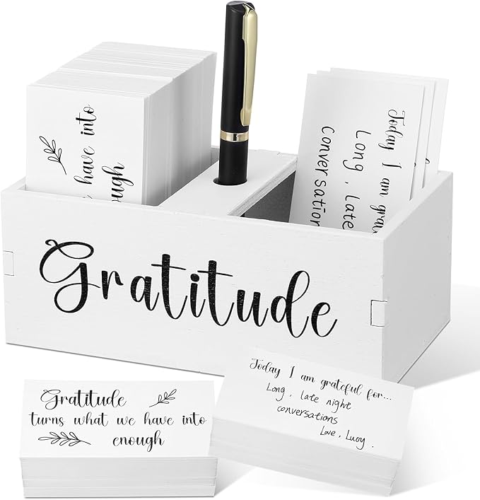 Clabby Gratitude Jar Thanksgiving Gifts Include 200 Cards 1 Pen 1 Blessing Jar Wood Box Practice Thankful Appreciation Gratitude Note Cards Kit for Families Friends Employee Coworkers(White)