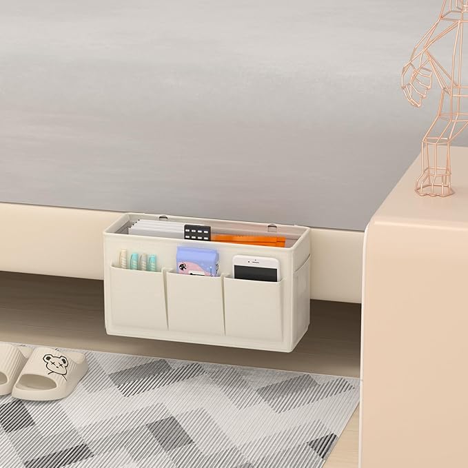 Dual-purpose Bedside Caddy Bedside Organizer, Bed Caddy with 6 Pockets, Versatile Bedside Storage Solution Magazine Remotes holder, ideal for Home, Dorm, Hospital, Crib Bed (White)