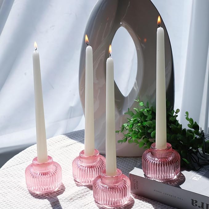 Woho Pink Candlestick Holders for Taper Candles Set of 4, Glass Taper Candle Holders Bulk for Birthday Party, Tea Lights Candle Holder for Wedding Festival
