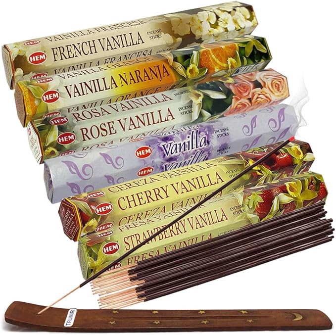 Hem Incense Sticks Variety Pack #18 and Incense Stick Holder Bundle with 6 Vanilla Fragrances