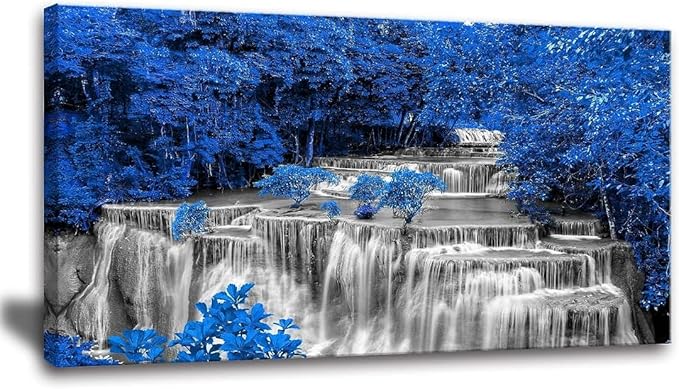 Yxbhhym Large Waterfall Wall Art - Black and White Decor, Blue Trees Scenery Canvas Prints - Landscape Wall Decor, Forest Paintings for Bedroom and Living Room - Framed - 24x48inch