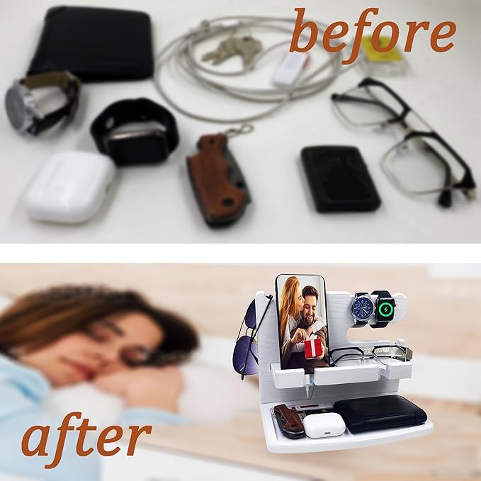 Gifts for Women Girlfriend Him Men Dad Husband Boyfriend Nightstand Organizer Wood Phone Docking Station(White)