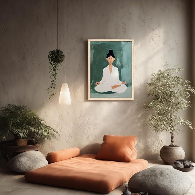 GELDSTEI Wood Framed Zen Wall Art, Tranquil Meditation Wall Decor, Yoga Girl Canvas Painting, Spiritual Aesthetic Picture, Calming Mindfulness Poster Print for Living Room Spa Yoga Studio 12"x16"