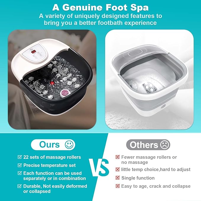 Foot Spa Bath Massager with Heat, Foot Bath with 22 Massage Rollers, Temperature Control, Jets, Bubbles, Epsom Salt and Vibration. Pedicure Foot Spa for Relaxation - Black