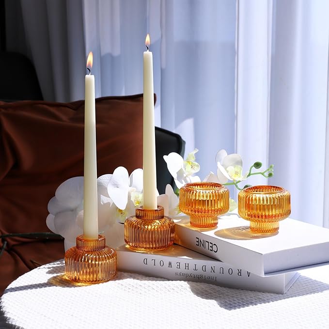 Woho Candlestick Holders Set of 8 for Taper/Votives/Tealight Candles, Amber Taper Candle Holders for Fall Wedding Decor, Ribbed Glass Candle Sticks Holder Decor for Dinner Table/Holiday Party