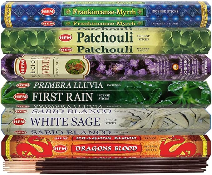 Hem Incense Sticks Variety Pack #23-120 Insence-Sticks (6 Incents x 20 Insense) + Incense Stick Holder with 6 Most Liked Scents Including Patchouli Dragons Blood White Sage Frankincense-Myrrh