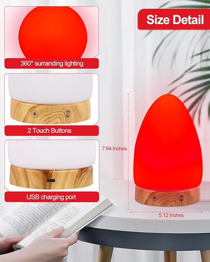 Red Light Night Light Lamp for Sleep, Red Nightlight Desk Lamp with 670nm Wavelength Multi-Color and Brightness Options Remote Control USB Charging Elegant Design