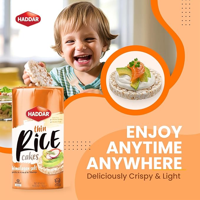 Haddar Wholegrain Thin Rice Cakes with Himalayan Sea Salt, 4.2oz (3 Pack) | Gluten Free | Made With Whole Grain Brown Rice | Vegan | Non GMO | Low Calorie | Zero Sugar | Kosher