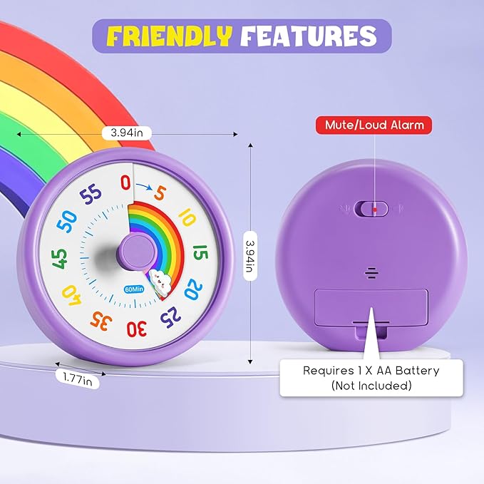 HIPPIH Visual Timer for Kids, 60 Minute Countdown Timers for Classroom Kitchen Office, Rainbow Disk Desk Timer Clock with Silent Operation, Pomodoro Timer Time Management Tools for Toddler ADHD Purple