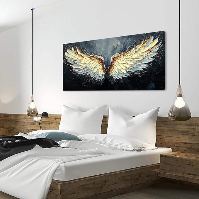 ZESTRILIA Angel Wings Wall Art for Girls Room Gold Gray Canvas Oil Painting Prints Modern Abstract Fantasy Anime Artwork Living Bedroom Office Decor (40x20 Inches)