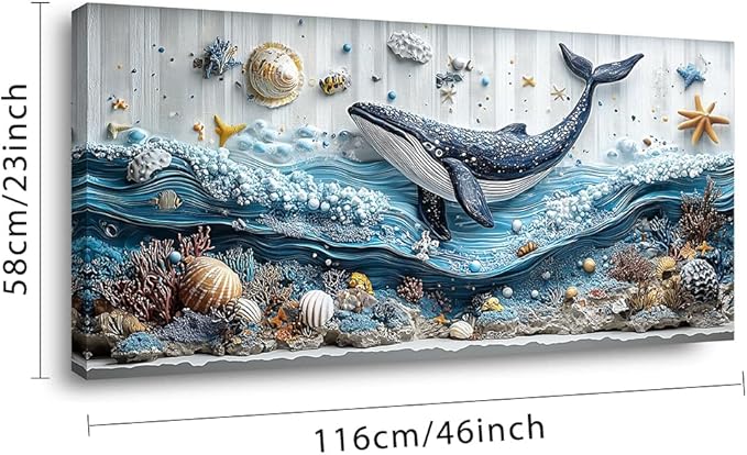 ZESTRILIA Ocean Whale Wall Art for Kids Room Navy Blue Marine Organism Underwater World under the Sea Canvas Painting Prints Artwork Family Living Bedroom Decor Large (46x23 Inches)