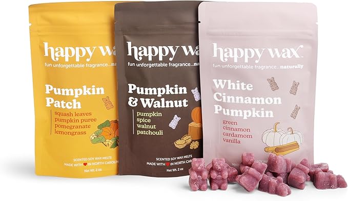 Happy Wax Forever Pumpkin Collection Scented Natural Soy Wax Melts – 6 Total Oz. Collection Includes Pumpkin Patch, Pumpkin & Walnut and White Cinnnamon Pumpkin