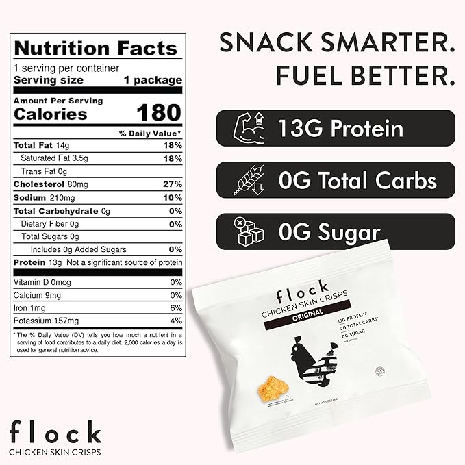 Flock Keto Chicken Skin Chips โ Original Flavor, Low Carb, High Protein, Gluten-Free Chicken Crisps, Keto Snack, Low Carb Chips, Protein Crackers, Diet Snacks, 8-Pack (1oz)