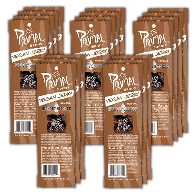 Primal Spirit Vegan Jerky – “Classic Flavor” – Hickory Smoked, 10 g. Plant Based Protein per oz., Certified Non-GMO, No Preservatives, Sports Friendly Packaging (18 Pack, 1 oz. ea.)