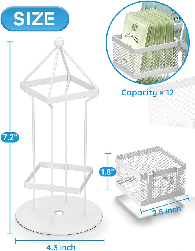 VOGWOLTH Tea Bag Organizer, Tea Bag Storage Holder Spinning Carousel 96 Teabags Container, Lazy Susan Coffee Creamer Sweetener Tea Caddy for Kitchen Counter Cabinet Pantry Shelf Organizer