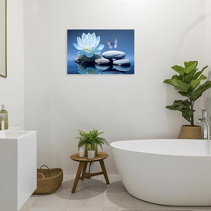 ARTZGX Blue Zen Wall Art Lotus Flower Canvas Spa Stone Pictures for Bathroom Wall Decor Meditation Butterfly Painting Frame(Zen - A 28.00" x 42.00")