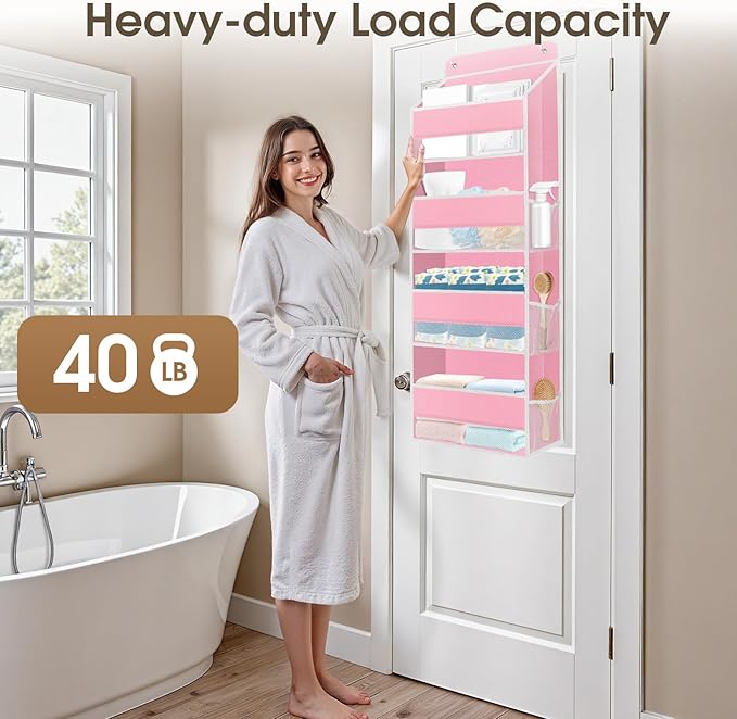 2 Pack Over The Door Organizer Hanging Storage Organizers with Clear Window 40lb Large Capacity Room Organizer for Pantry Laundry Bathroom Nursery Closet(Pink)