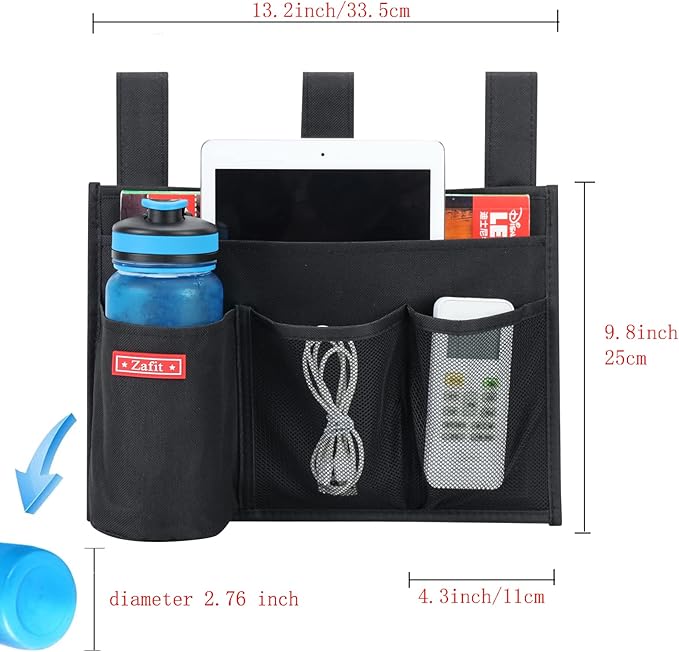 Hanging Bedside Caddy, Bedside Storage Organizer for Magazine, Phone, Remote control (4 Pockets-Black)