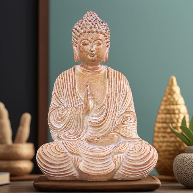 Zen Buddha Statue - Hand Carved Wood Grain Resin Meditation Decor, Feng Shui Ornament for Living Room Desk, Spiritual Space Zen Garden Decoration (Housewarming Gift/Mindfulness Aid, 7.87inch)