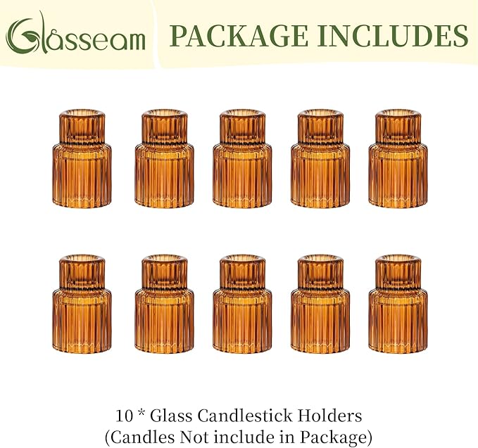 Glasseam Glass Candle Holders for Candlesticks: 10PCS Small Amber Candle Stick Holder Decor Ribbed Taper Candle Holder for Table Centerpiece Fall Candle Holders for Christmas Halloween Thanksgiving