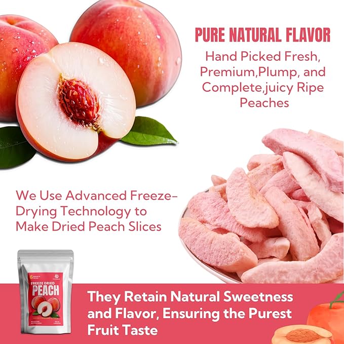Premium Freeze Dried Peaches Chips,All Natural Dehydrated Fruit Snacks, 110g/3.88oz | No Sugar Added, Vegan & Paleo-Friendly | Add to Smoothies, Baking, Camping & Emergency Kits