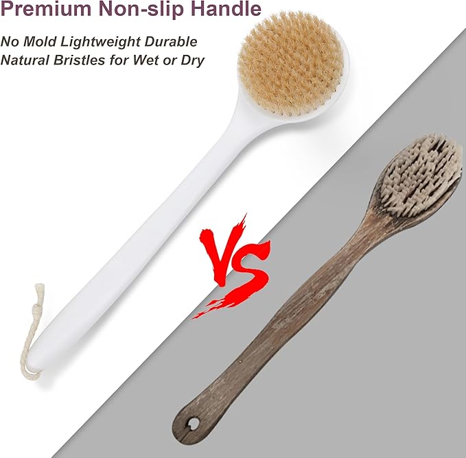 OWIIZI Back Scrubber for Shower with Natural Bristles Anti Slip Bath Brushes Long Handle Antiskid Shower Body Scrubber for Wet or Dry Exfoliating Back Scrub Deep Cleanse