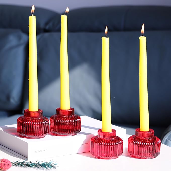 Woho Red Taper Candle Holders Set of 4 for Christmas Decorations, Reversible Ribbed Glass Candlestick Holders for Wedding Table, Vintage Candle Sticks Holder Decor for Valentines Day Decor
