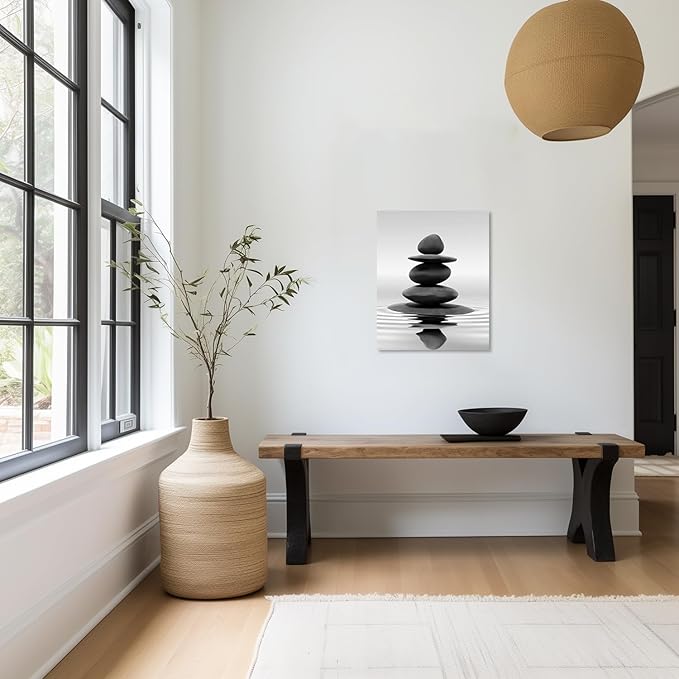 LZIMU Black and White Zen Wall Art Stones in Water Pictures Print on Canvas for Bathroom Yoga Meditation Spa Room Living Room Bedroom Wall Decorations Framed (Zen-1, 16"x24" (40x60cm))
