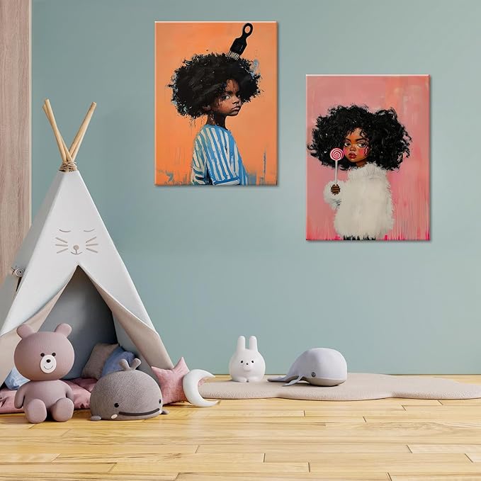 Black Kids Wall Art - Afro American Children Canvas Prints, Modern African American Portrait Paintings for Girls Bedroom, Cute Black Girl Nursery Art, Cultural Wall Decor, Framed12 x 16inches X2piece