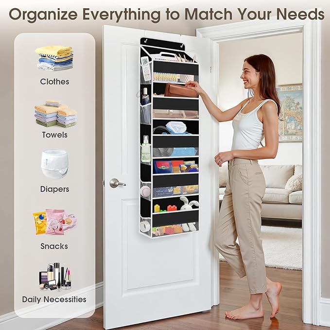 1 Pack Over The Door Organizer, Hanging Storage Organizer with Clear Window, 40lb Ultra Sturdy Large Capacity Room Organizer for Pantry Laundry Bathroom Nursery Closet (Black)