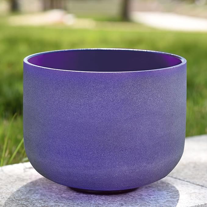 RYAN DVAN 8” B Note Purple Frosted Crown Chakra Crystal Singing Bowl with Free Heavy-Duty Carrying Case and Suede Striker O-Ring