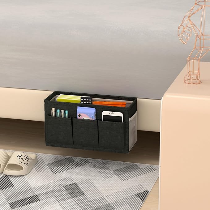 Dual-purpose Bedside Caddy Bedside Organizer, Bed Caddy with 6 Pockets, Versatile Bedside Storage Solution Magazine Remotes holder, ideal for Home, Dorm, Hospital, Crib Bed (Black)